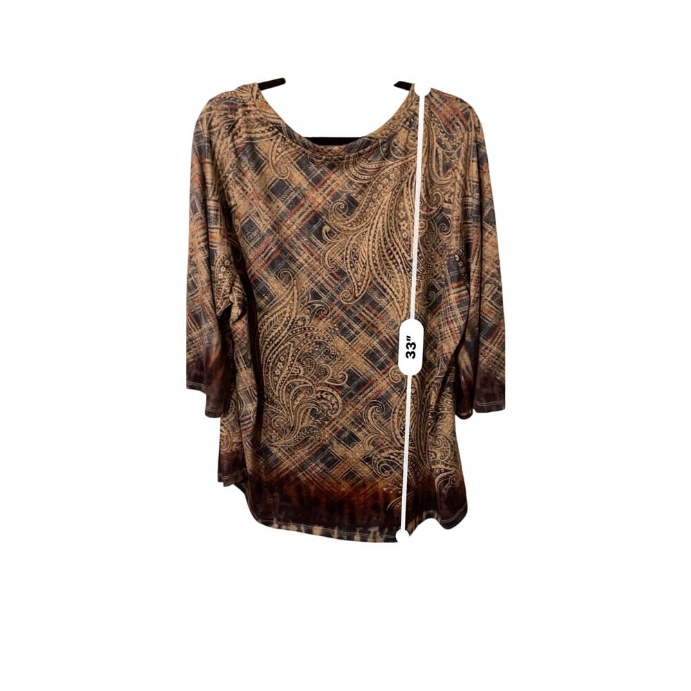 Avenue Women Sz 22/24 Tunic Navy Floral Over Plaid Sparkle Top 3/4 Sl Plus Size